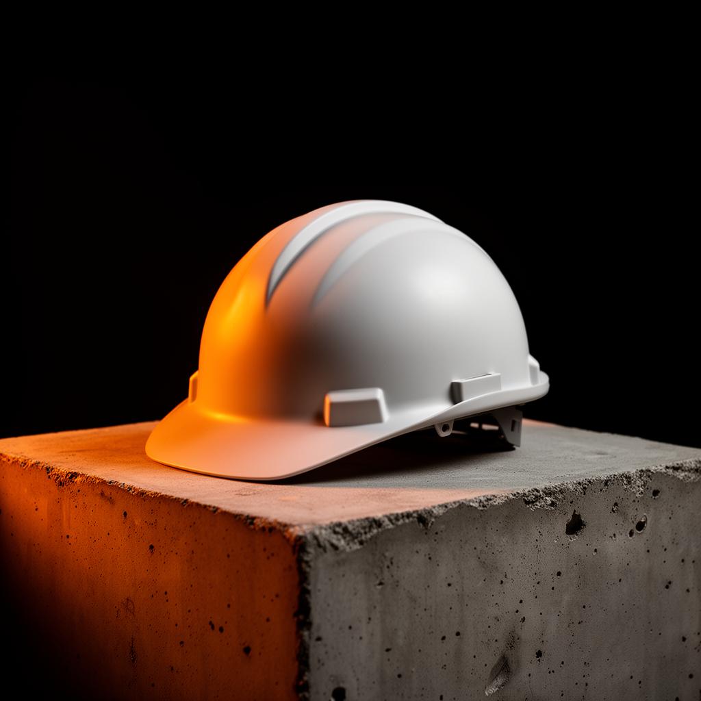 Hard hat lit by warm signal light on a concrete plinth